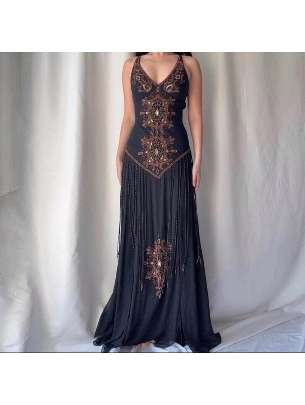 Vintage Black Beaded Cache Dress Gown 100% Silk Fringe Beautiful Size 8 READ